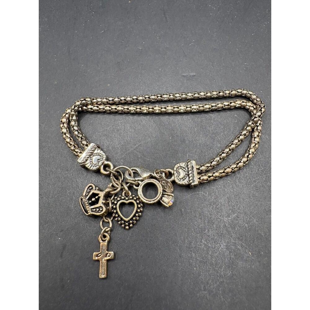 Premier Designs SILVER Tone Hostess Heart Crown Cross Ring Charm Bracelet 6 3/4"